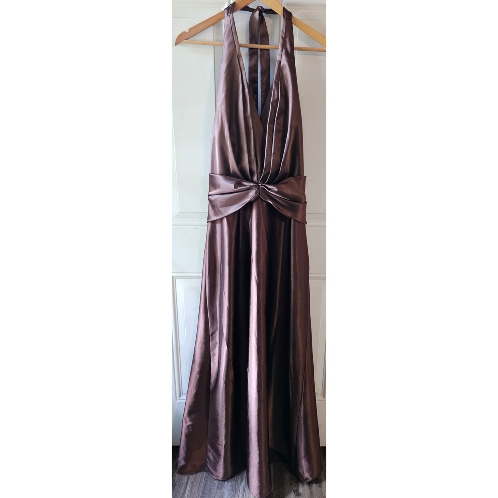 Vintage FIESTA Brown Satin Halter Formal Gown Dress Large Made USA Y2K Prom
